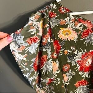 Fourteenth Place Olive Green Floral Top V Neck Womens Blouse Short Sleeve